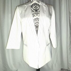 Women's White One-Button Lined Blazer with Black Pinstripes